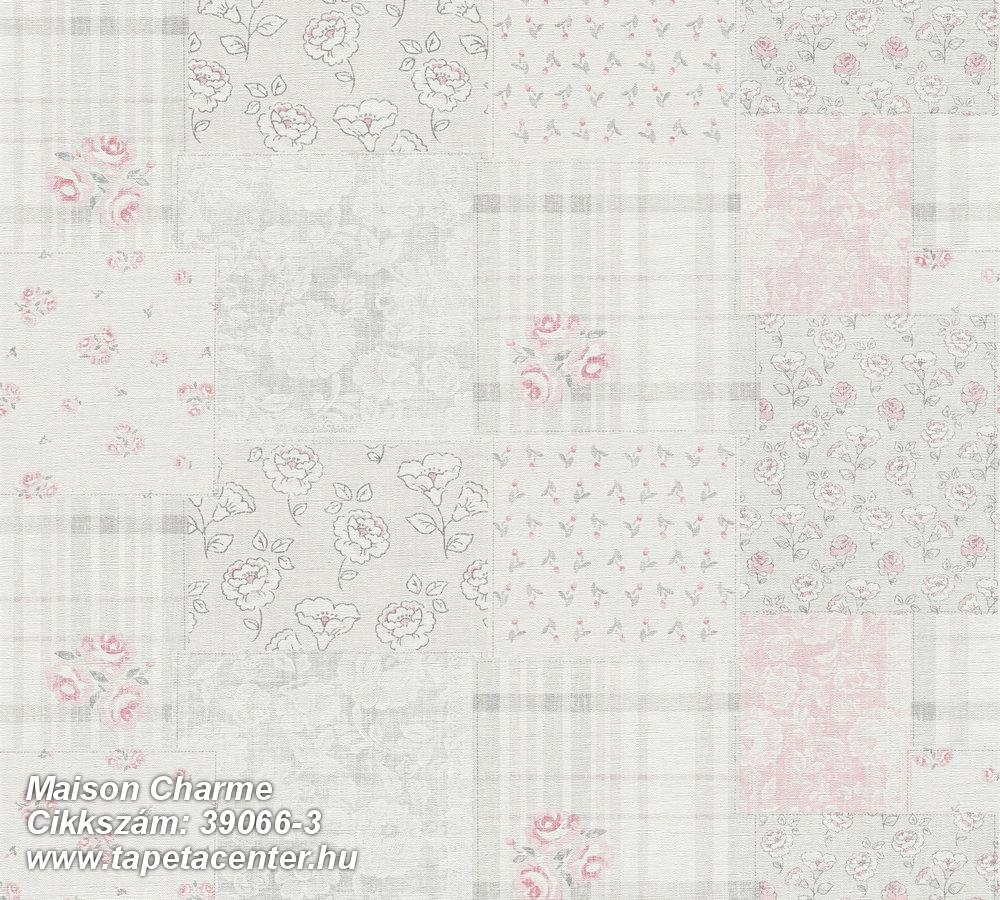 Retro,textil hatású,textilmintás,virágmintás,pink-rózsaszín,szürke,súrolható,vlies tapéta 